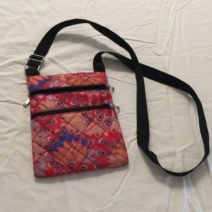 Pink feather patterned 3 zipper crossbody purse
